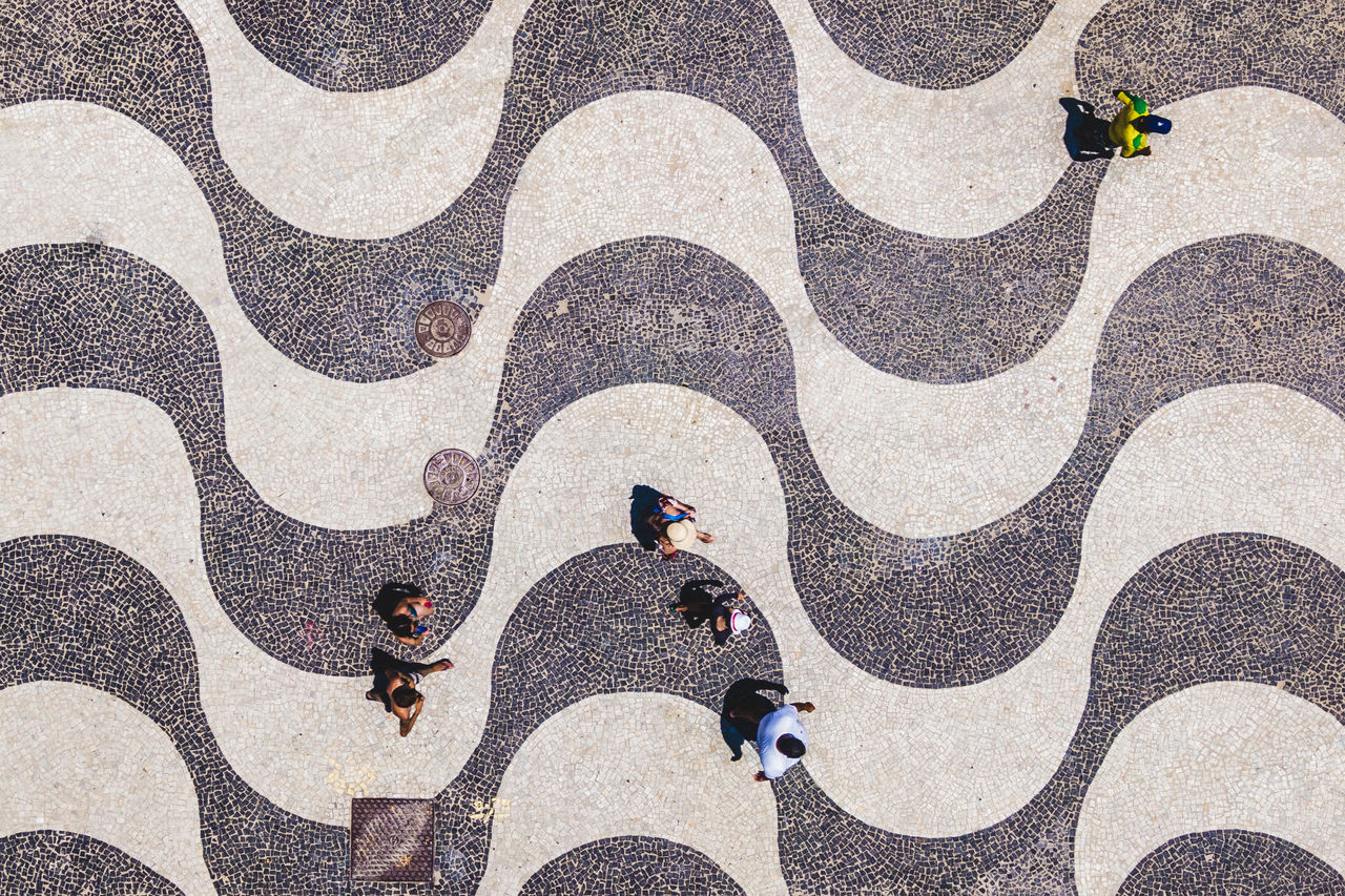 Rio de Janeiro, Brazil, top aerial view of people walking on the iconic Copacabana Beach mosaic sidewalk.
